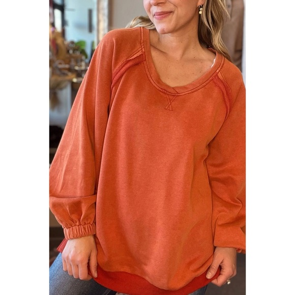 POL Rusted Orange Criss Cross Back Slouchy French Terry Pullover - Picture 5 of 12